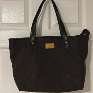 RALPH LAUREN Vintage satchel tote bag fabric outer lined pockets black brown